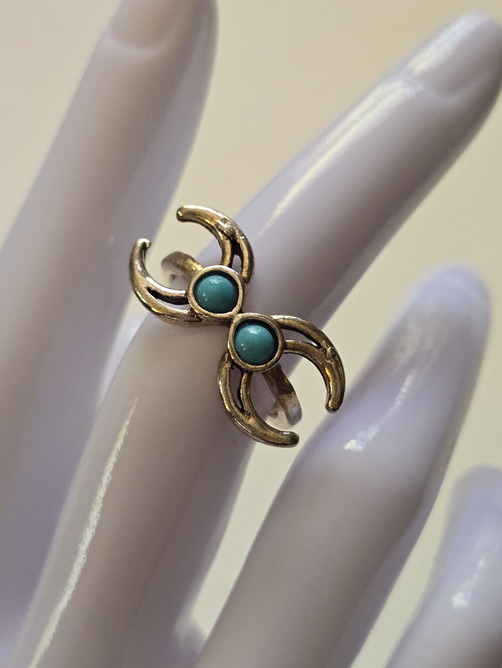 Silver Tone Turquoise Crescent Double Ring Size 7